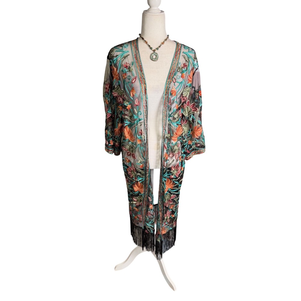 Rebellion Sheer Embroidered Floral Kimono Duster Fringe Boho Festival Cover Up S